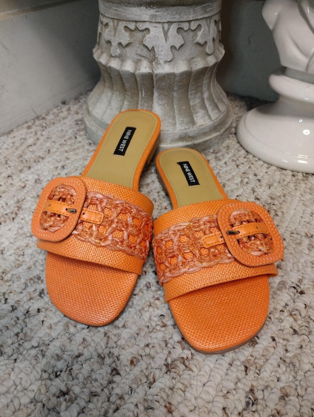 Nine West Hagleigh Buckle & Rattan Crochet Trimmed, Linen-Like Slide Sandals - Picture 2 of 6